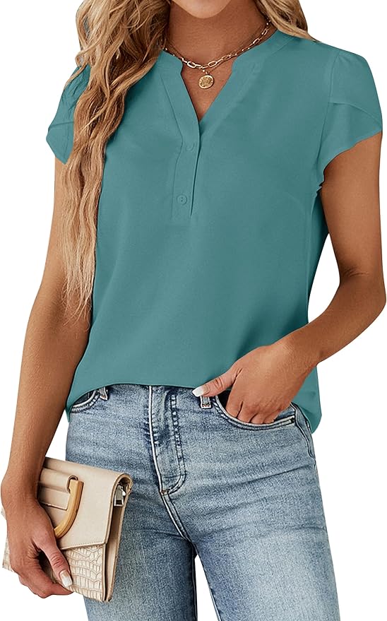 Blooming Jelly Women's Dressy Casual Tops Business Work Blouses White Button Down Shirts Cap Sleeve V Neck Tshirt