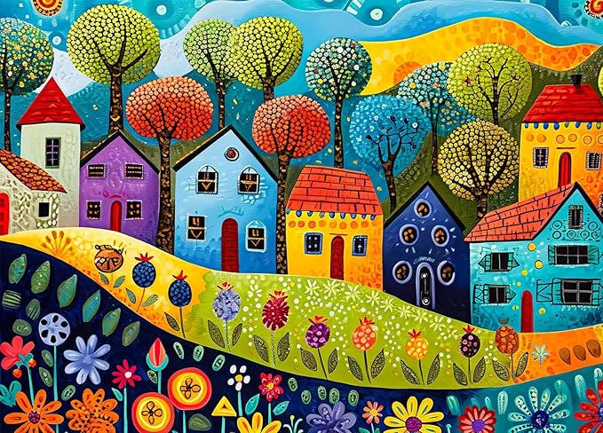 HUADADA Jigsaw Puzzles for Adults 1000 Pieces, Painting Houses with Poster Interlock Perfectly Letter on Back No Dust, Home Decor Birthday Party Gift Toy for Men Women Elders Seniors (27.5"x19.6")