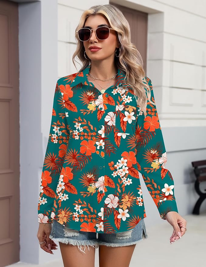 HOTOUCH Button Down Shirts for Women Long Sleeve Blouse Dressy Casual Business Work Tops with Pocket