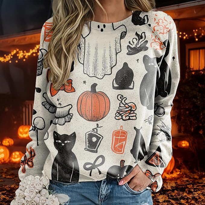 domirica Halloween Sweatshirt For Women Long Sleeve Crew Neck Sweatshirts Fall Halloween Costumes For Holiday Party 2025