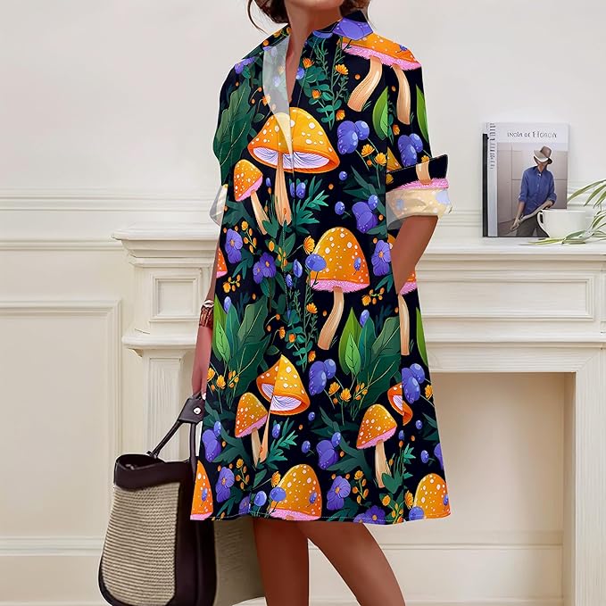 Shirt Dresses for Women 2025 Summer Long Sleeve Casual Plus Size Floral Printed Beach Vacation Dress with Pockets