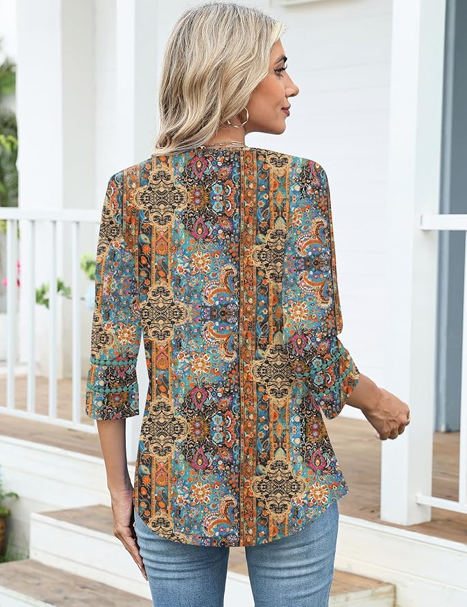 Ivicoer 3/4 Length Sleeve Womens Tops V Neck Lace Embroidered Summer Blouses Loose Fit Tunic Dressy Casual