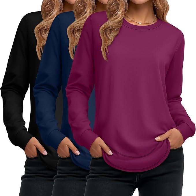 Ficerd 3 Pack Women's Long Sleeve Shirts, Cotton Crew Neck Tunic Tops Casual Loose Fit Pullover Sweatshirts Curved Hem Shirts