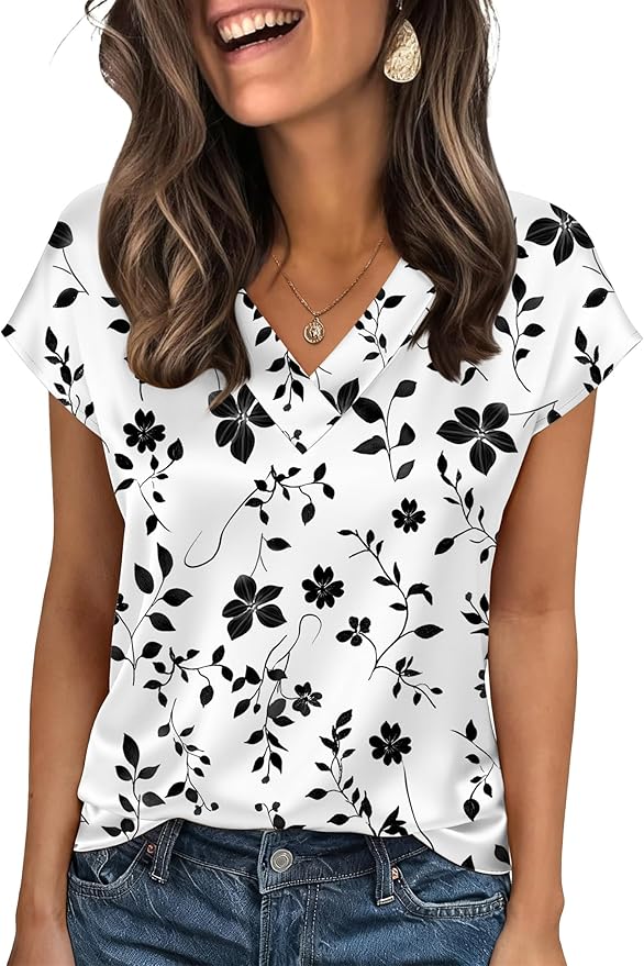 Zeagoo Women Silk Satin Tops Cap Short Sleeve Blouse V Neck Shirts Business Casual Outfits S-2XL