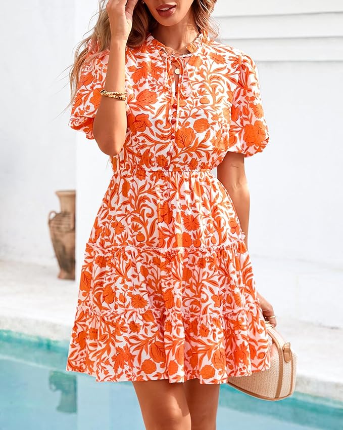 BTFBM Women Summer Floral Short Dresses V Neck Short Sleeve Tiered Ruffle Boho Swing Dress A-Line Mini Dresses