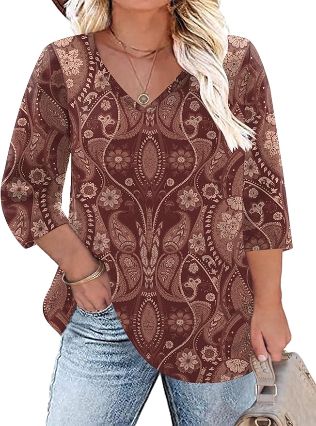 TFSDOD Womens Plus Size Tops V Neck T Shirts 3/4 Sleeve Blouse Summer Casual Tees XL-5X