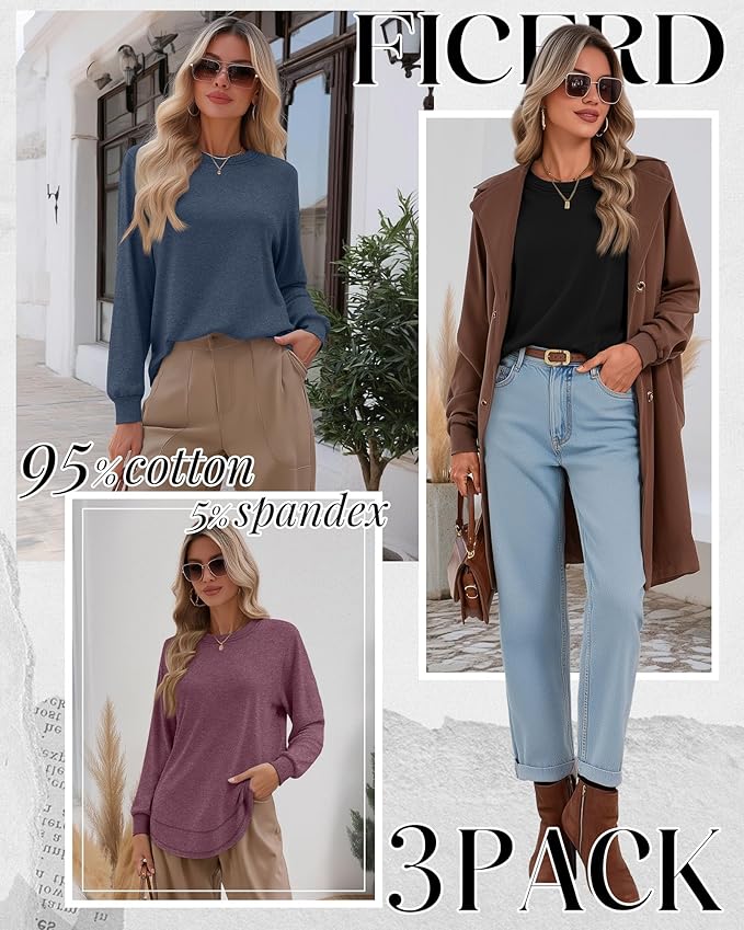 Ficerd 3 Pack Women's Long Sleeve Shirts, Cotton Crew Neck Tunic Tops Casual Loose Fit Pullover Sweatshirts Curved Hem Shirts