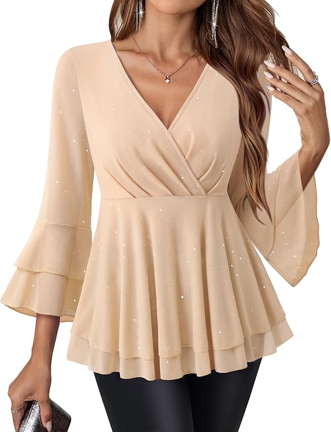Lotusmile Women's Dressy Blouses Ruffle 3/4 Sleeve Peplum Sparkly Tops