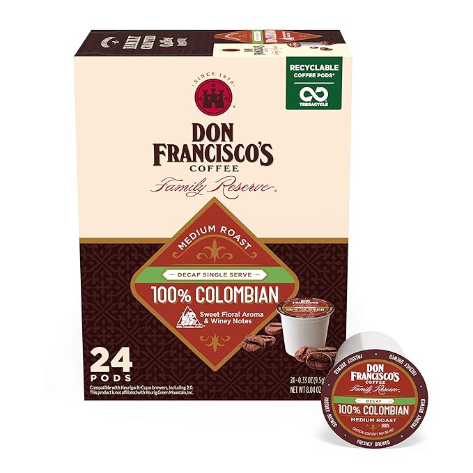 Don Francisco's Decaf 100% Colombia Coffee Pods, 24 Count, Medium Roast, Compatible with Keurig Brewers