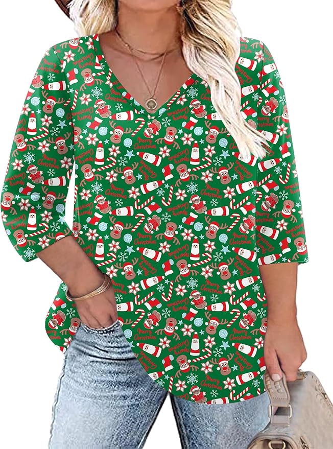 TFSDOD Womens Plus Size Tops V Neck T Shirts 3/4 Sleeve Blouse Summer Casual Tees XL-5X