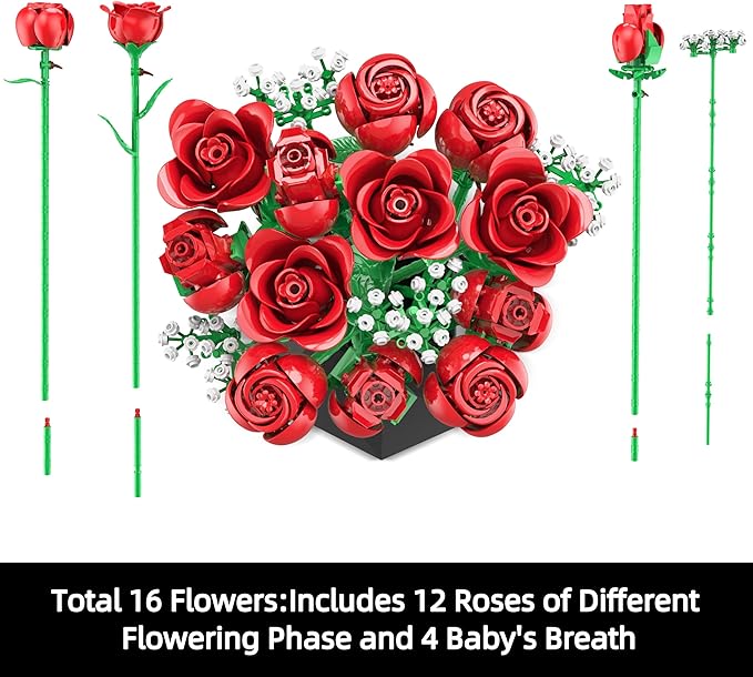 Sopu Red Rose Bouquet Building Set, 960PCS Roses Artificial Flowers Botanical Collection for Dinner Table Home Decor, Valentines Day Gifts for Her Him Valentines Flower Decorations