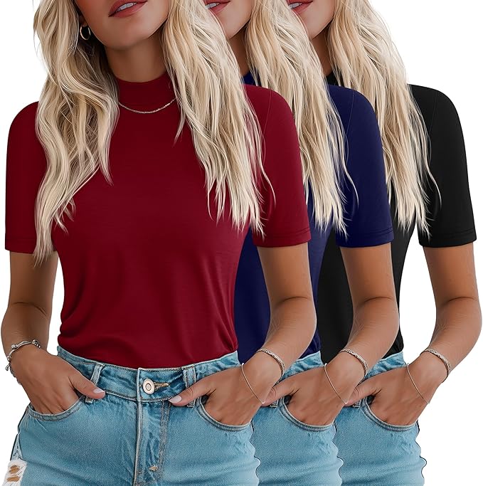 Ficerd 3 Pack Women's 1/2 Sleeve Mock Turtleneck Shirts, Elbow Length Shirt Half Sleeve Tunic Top Casual Summer Basic Tees