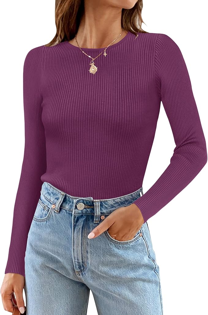 ZESICA Women's Long Sleeve Crewneck Shirts 2026 Fall Ribbed Knit Sweater Slim Fitted Casual Basic Tee Tops