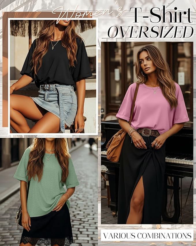 Riyiper 3 Pack Women's Oversized T-Shirt Half Sleeve Summer Tees Casual Loose Fit Crew Neck Basic Tops