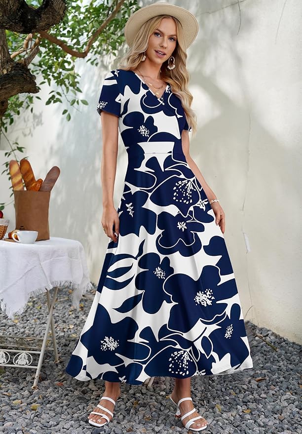 AUSELILY Maxi Dresses for Women Ankle Length Floral Print Beach Long Flowy Dress with Pockets