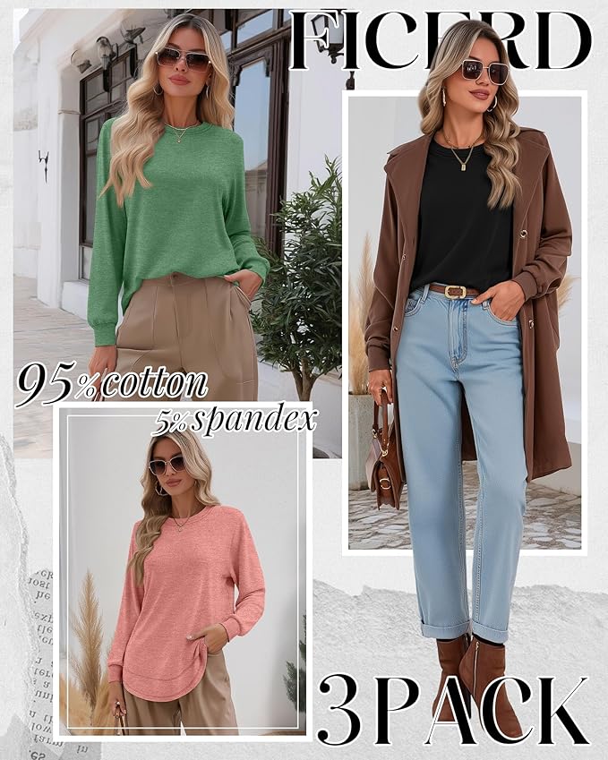 Ficerd 3 Pack Women's Long Sleeve Shirts, Cotton Crew Neck Tunic Tops Casual Loose Fit Pullover Sweatshirts Curved Hem Shirts
