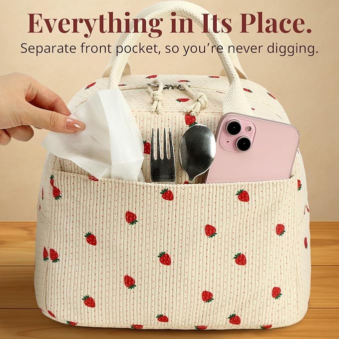 Insulated Strawberry Lunch Bag for Women, Stylish Corduroy Tote with Aluminum Lining, Large Capacity Reusable Cooler for Work, Travel, Beach or Picnic, Beige Cream Water-Resistant Lunch Box