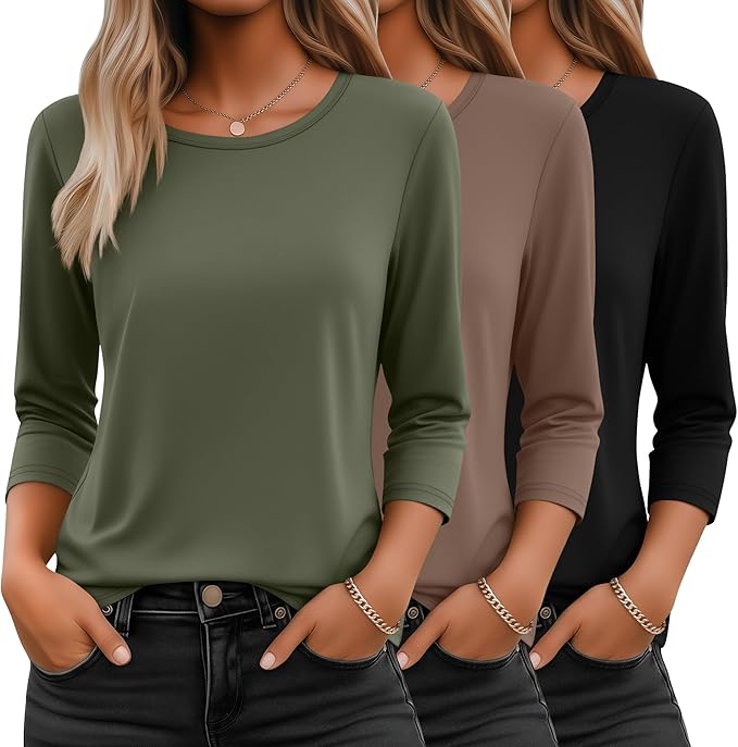 Ficerd 3 Pack 3/4 Sleeve Tops for Women Round Neck Dressy Basics Tees Casual Trendy Loose Fit T Shirts