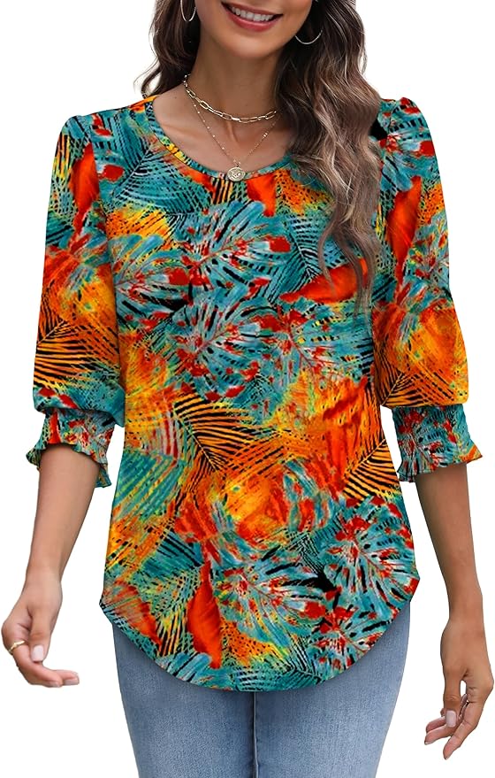 XIEERDUO Blouses for Women Dressy Casual 3/4 Length Sleeve Womens Tops with Smocked Cuffs