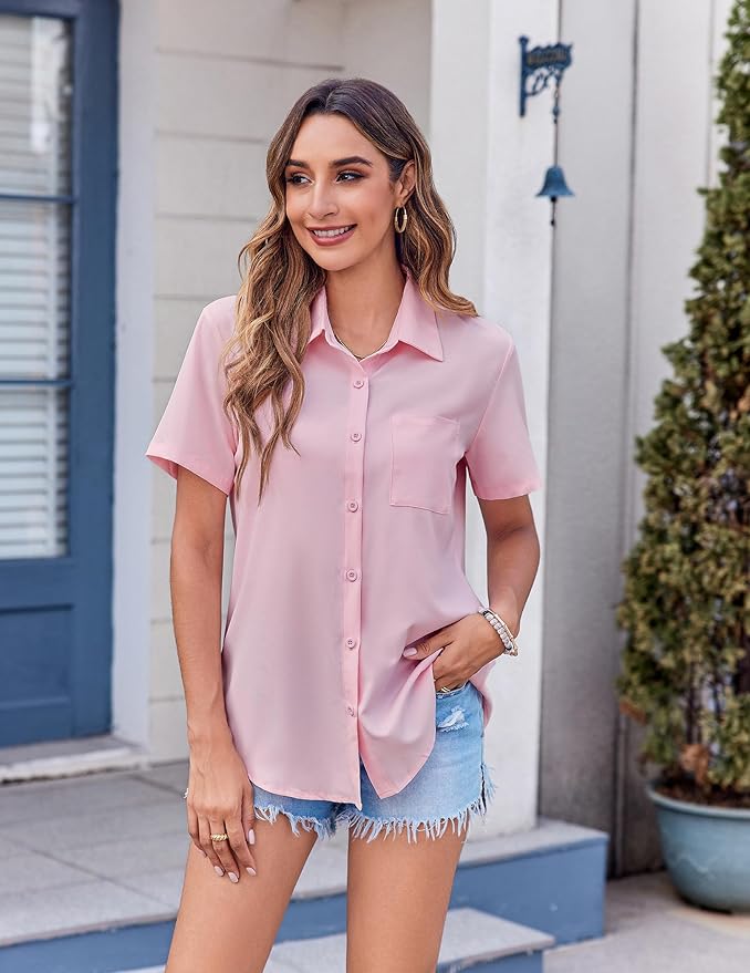 Zeagoo Womens Button Down Shirt Bust Pocket Short Sleeve Blouses Business Casual Work Tops Summer Outfits