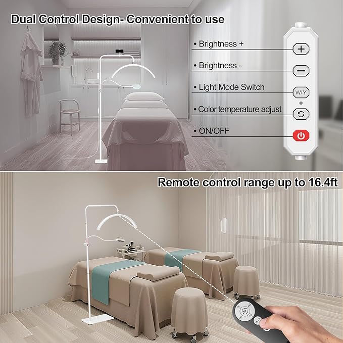 Half Moon Lash Light - Adjustable LED Floor Lash Lamp with 4X Magnifier & Phone Holder for Eyelash Extensions,Nail Art,Tattoo,Skincare,Salon SPA-Dimmable Brightness,Rotating Head, White
