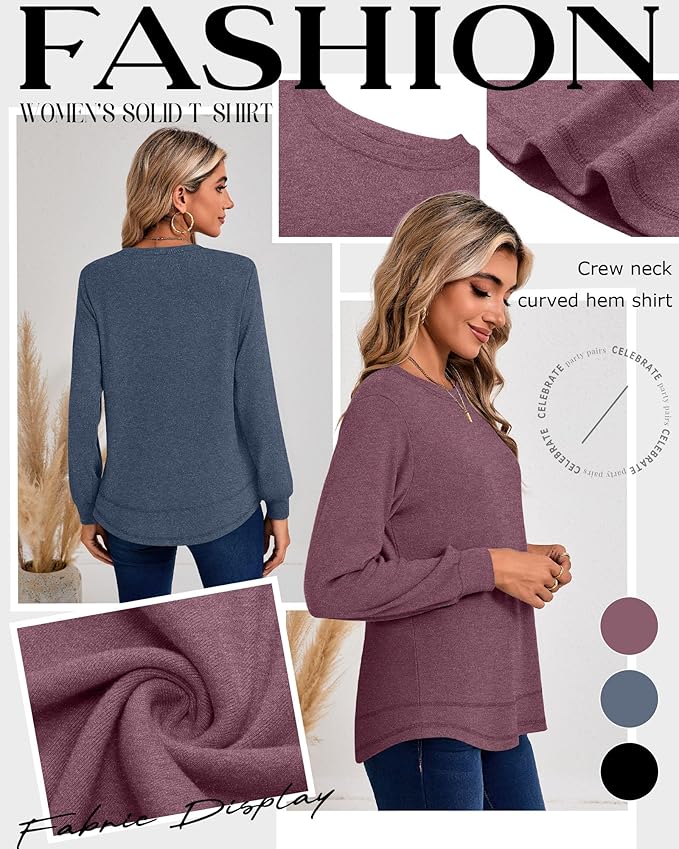 Ficerd 3 Pack Women's Long Sleeve Shirts, Cotton Crew Neck Tunic Tops Casual Loose Fit Pullover Sweatshirts Curved Hem Shirts
