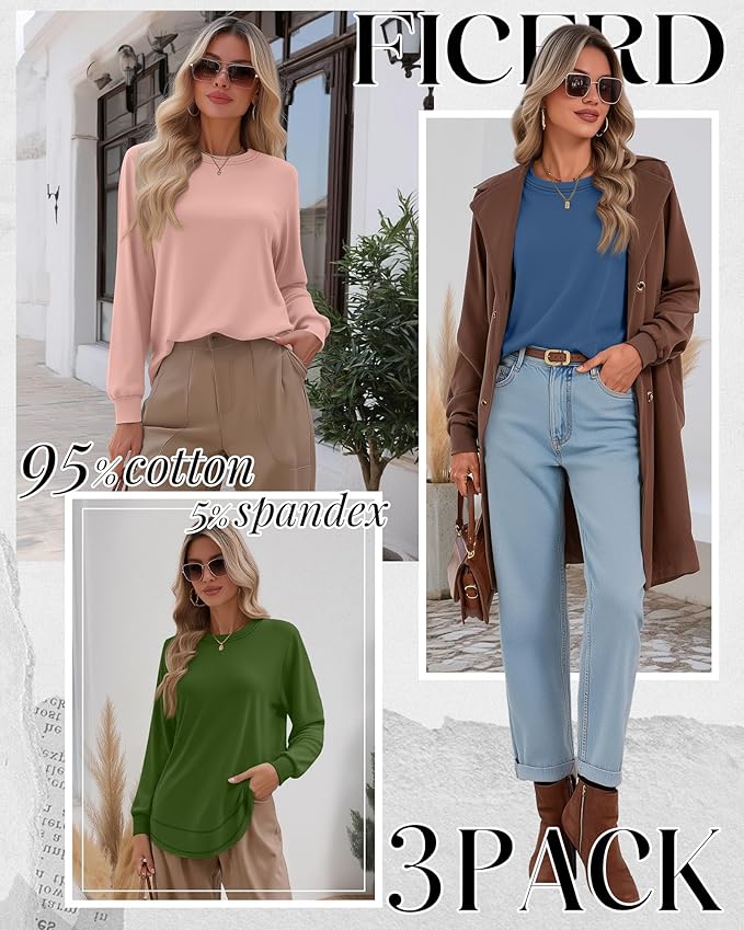 Ficerd 3 Pack Women's Long Sleeve Shirts, Cotton Crew Neck Tunic Tops Casual Loose Fit Pullover Sweatshirts Curved Hem Shirts