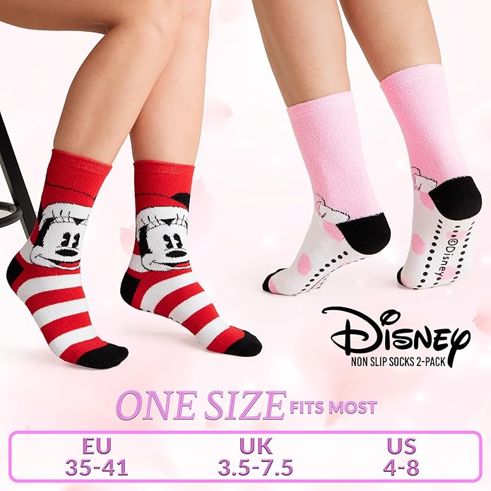Disney Slippers Socks for Women & Teens US Size 4-9, Pack of 2 Non Slip Fleece Winter Socks, Soft & Fluffy, Gifts for Her