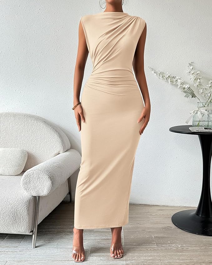 BTFBM Women's Ruched Bodycon Dress Summer Casual Sleeveless Lightweight Back Slit Elegant Club Party Cocktail Maxi Dresses