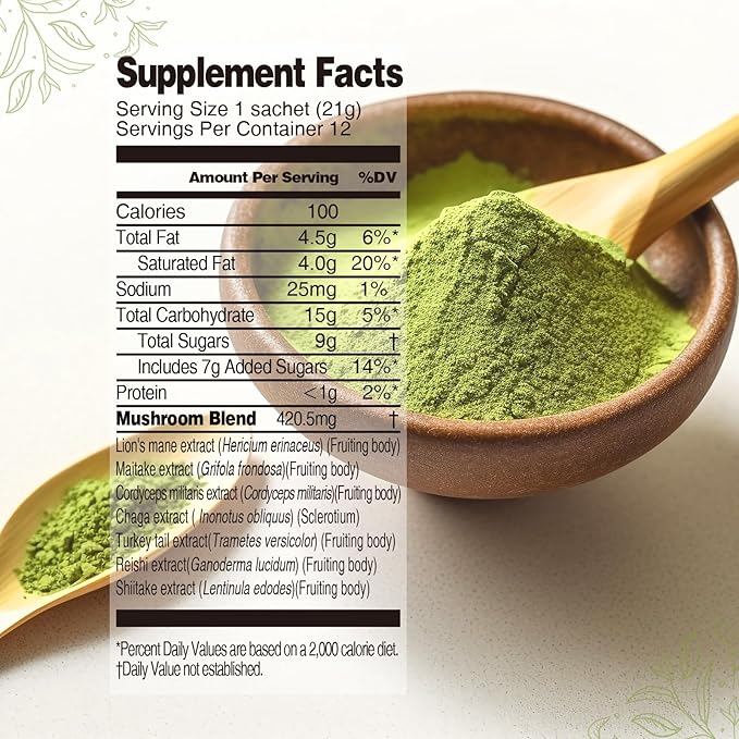GANOHERB Mushroom Matcha Powder Latte Mix, 7.4 Ounce, 7 Superfood Mushrooms with 25% Beta-Glucans, Lions Mane, Reishi, Chaga, Coconut Powder, Ceremonial Grade Matcha Tea