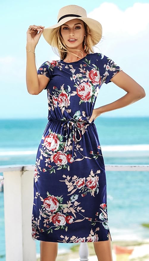 Simier Fariry Womens Spring Hide Belly Knee Length Travel Dress Pocket Summer Short Sleeve Midi Work Casual Outfits