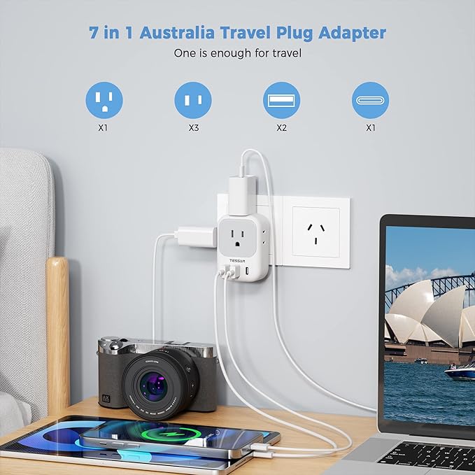 Australia Plug Adapter, TESSAN Australian Power Adaptor with 4 Outlets 3 USB Charging Ports (1 USB C), Type I Travel Plug for US to New Zealand China Argentina Fiji AU, 2 Pack