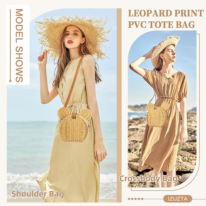 Round Rattan Straw Bag Purse for Women Handmade Cute Mouse Ear Wicker Woven Purse Crossbody Shoulder Bag Handbag
