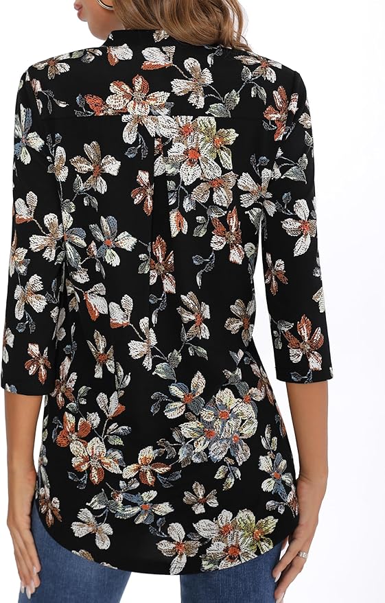 BAISHENGGT 3/4 Sleeve Tops for Women Notch V Neck Floral Work Blouses Dressy Casual Loose Fit Going Out Tunic Tops