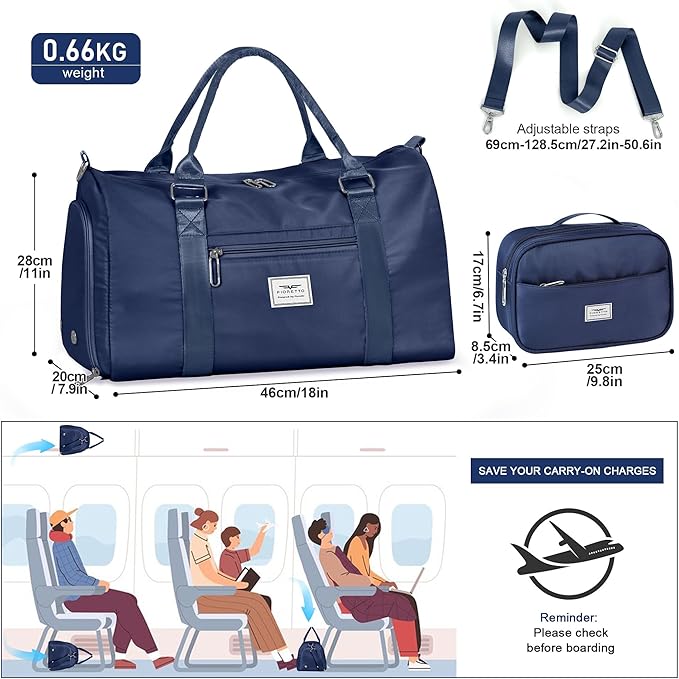 FIORETTO Womens Gym Tote Duffle Bag with Toiletry Bag, Sports Duffel Overnight Hospital Workout Carry on Bag for Girls with Wet Pocket & Shoe Compartment, Ideal for Travel, Swimming, Dance Navy Blue