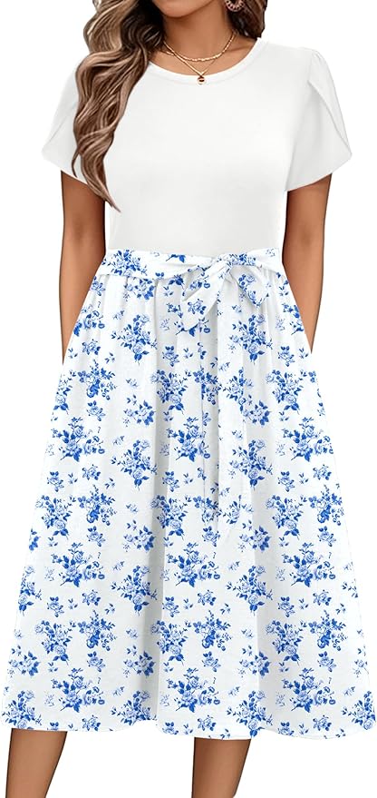 Zeagoo Womens Midi Dress Summer Short Sleeve Dress with Pockets 2025 Casual Floral T-Shirt Dress Flowy Beach Sundress