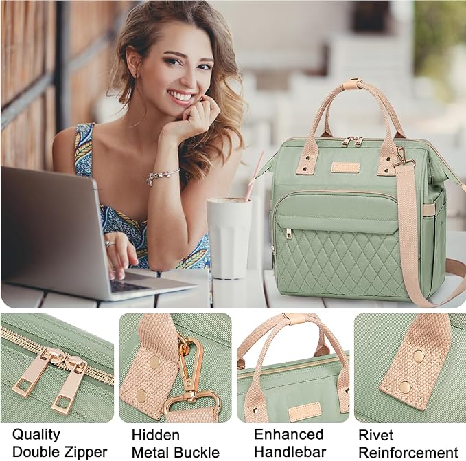 AIJIEKE Lunch Bag for Women, Leakproof & Insulated Work Lunch Box Tote, Reusable Adult Cooler Bag with Water Bottle Side Pocket & Removable Shoulder Strap, Green