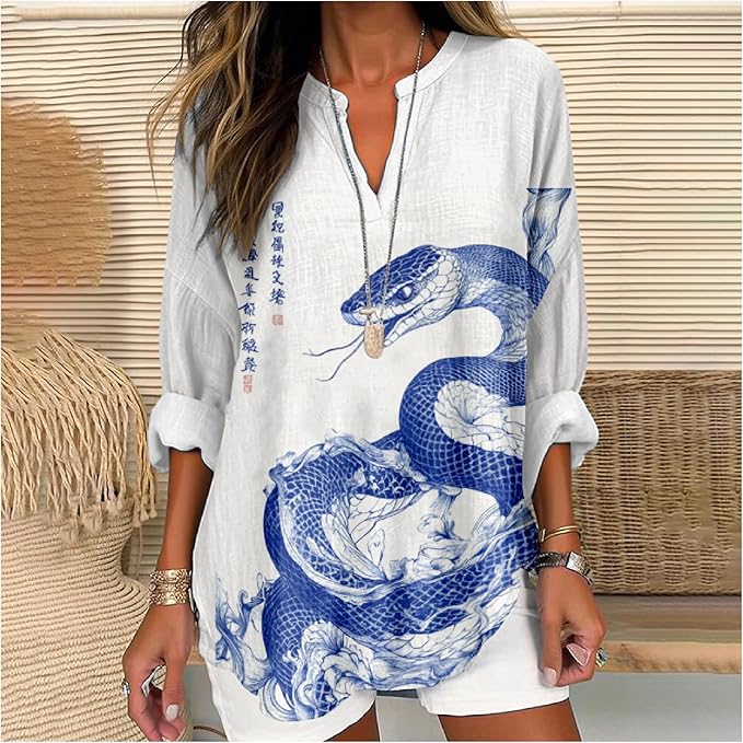 MARSVOVO V Neck Shirt For Women Boho Multi Style Blouse Long Sleeve Novelty Graphic Plus Size Pullover Tops For Women