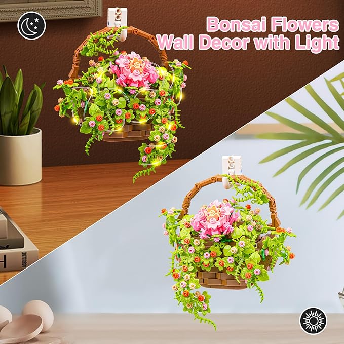 SATHIBI Flower Bouquet Building Set, Flowers Basket Bonsai Plants with Light, Botanical Collection Wall Decor, Creative Building Toy Gift for Adults (691 PCS)