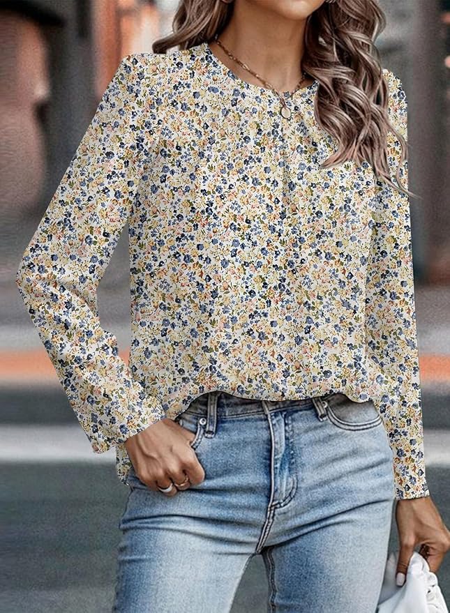 Samefar Womens Tops Dressy Casual Pleated Crew Neck Long Sleeve Shirts Office Work Chiffon Blouses