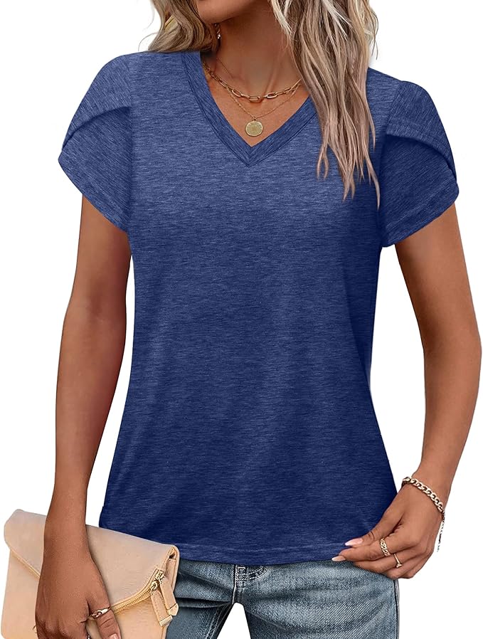WIHOLL Womens Tops V Neck Summer Petal Sleeve Casual Tshirts