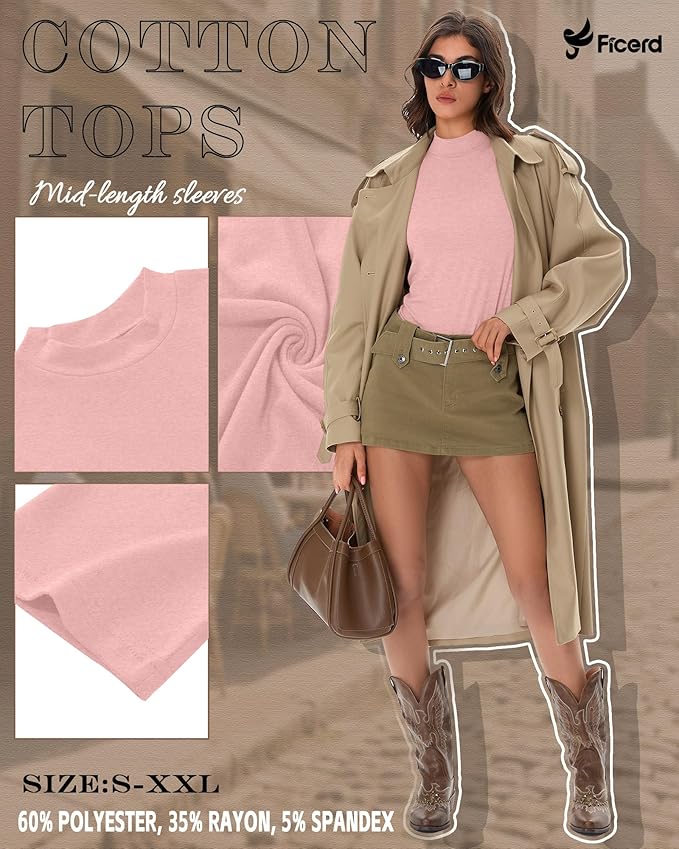Ficerd 3 Pack Women's 1/2 Sleeve Mock Turtleneck Shirts, Elbow Length Shirt Half Sleeve Tunic Top Casual Summer Basic Tees