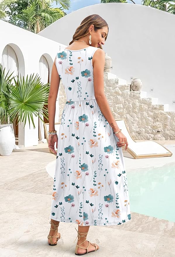 WNEEDU Women's Summer Maxi Dress 2026 Casual Sleeveless Hawaiian Sundress Tropical Long Dress Beach Vacation Outfit