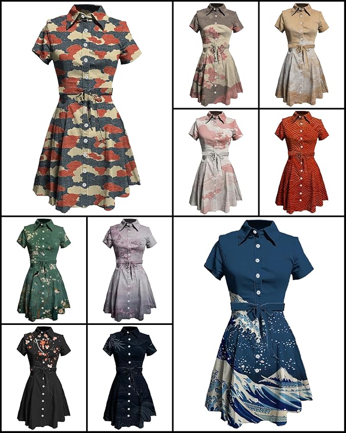 MARSVOVO Japanese Art Shirt Dresses for Women Short Sleeve Ruffle Button Down Tie Waist Trendy Elegant Midi Dress