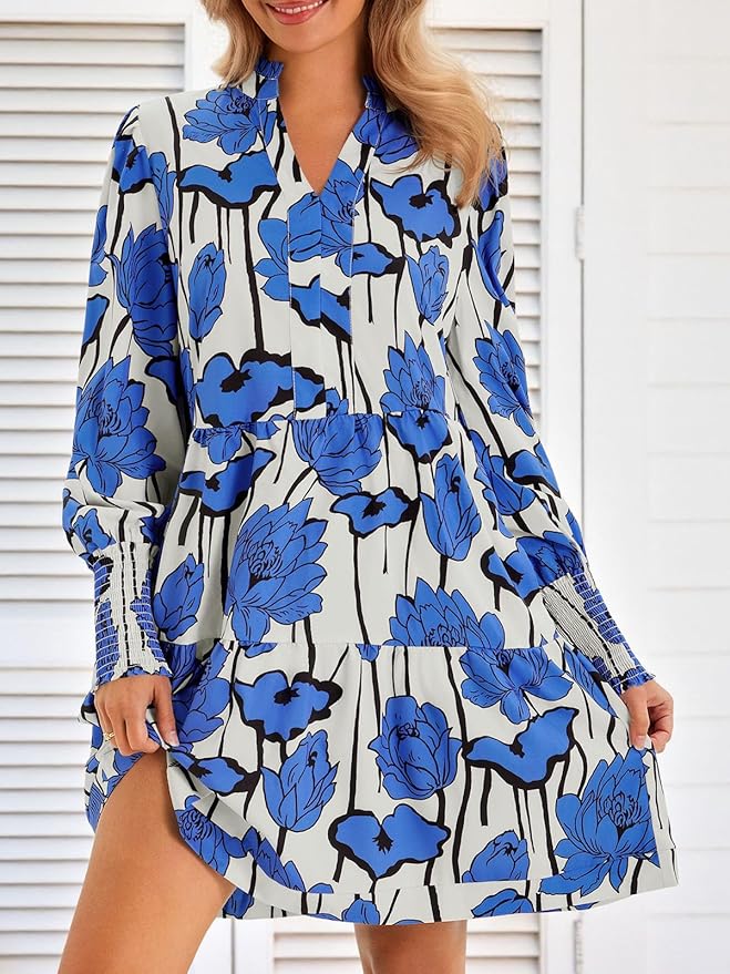 Imily Bela Womens Fall Long Sleeve Tunic Dress Casual V Neck Loose Ruffle Tiered Dress