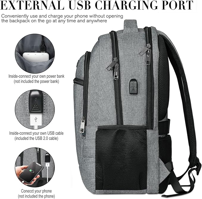 Travel Laptop Backpack, Backpacks for School College Teens, Business Anti Theft Slim Sturdy Backpack for Woman and Men with USB Charging Port, Adult Computer Work Backpack for 17 IN Laptop, Grey