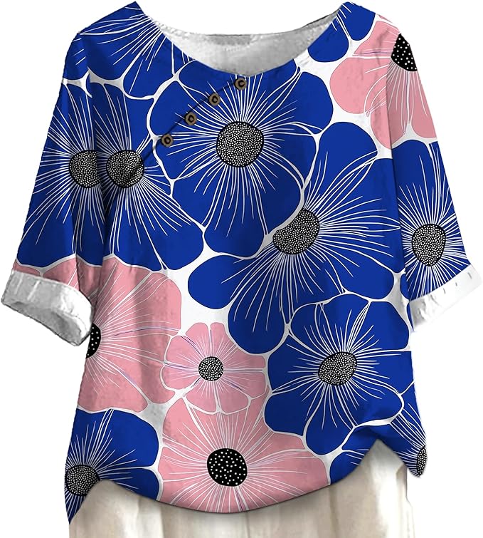 Women's Shirts Dressy Casual Asymmetric Side Button Down Design Tops Summer Loose Fit Crewneck Graphic Tees