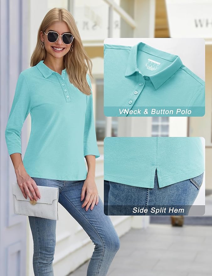 YUCOLEN Polo Shirts for Women 3/4 Sleeve Tops Golf Tees 5-Button Collared Cotton Shirt Business Casual