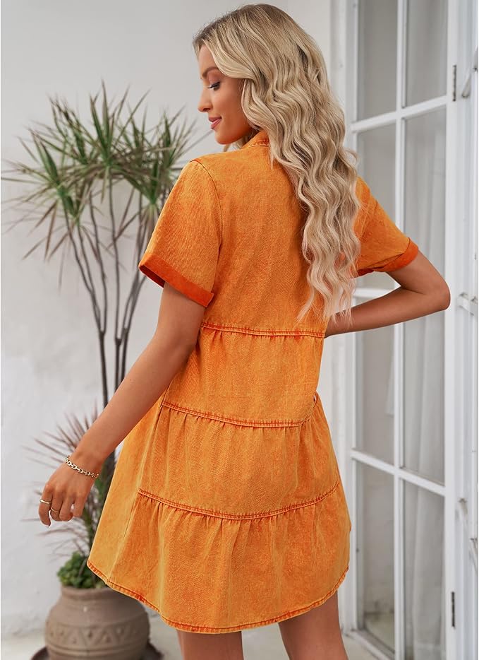LookbookStore Women's Short Sleeve Button Down Flowy Tiered Babydoll Denim Dress
