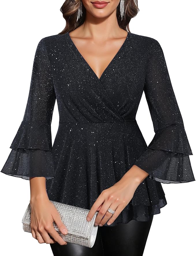Lotusmile Women's Dressy Blouses Ruffle 3/4 Sleeve Peplum Sparkly Tops